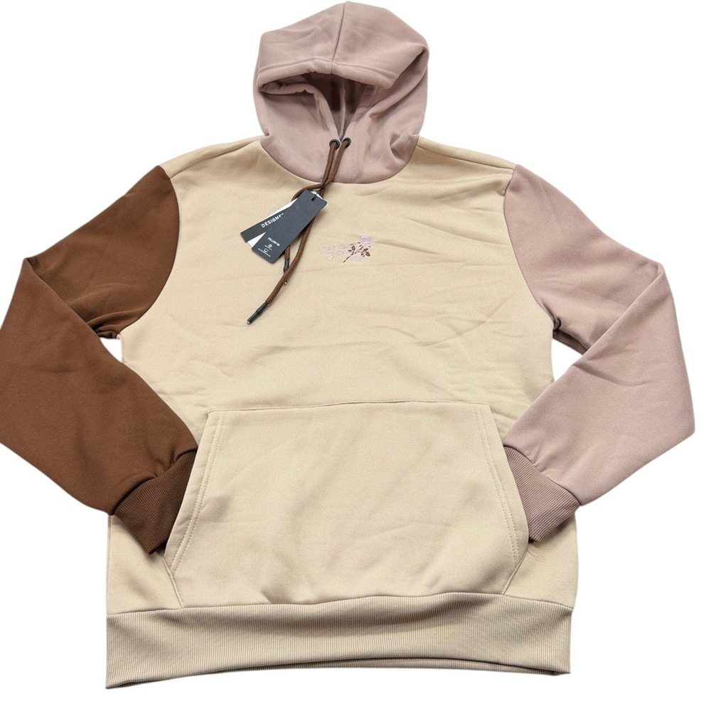 Reason Mens Hoodie Small Colorblock Tan Brown Mauve Polyester Pullover R3T89 NWT